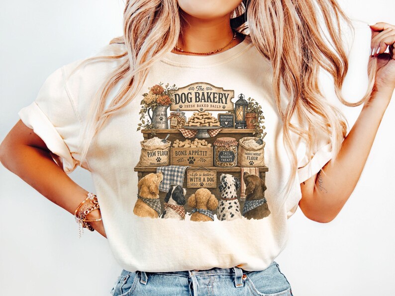 A woman wearing a white t-shirt with a graphic design of dogs and a bakery.