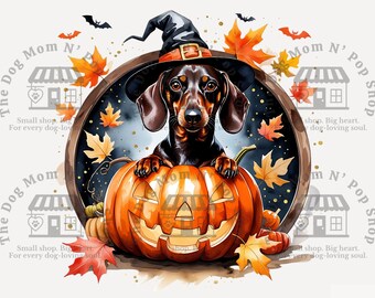 Dachshund Pumpkin Clipart, Halloween Dog PNG, Watercolor Fall Pet, Cute Wiener Dog Art, Sublimation Design for DIY Crafts