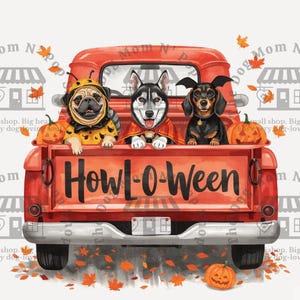 Howl O Ween Dog Truck PNG, Halloween Pumpkin Truck Sublimation Design, Pug Husky Dachshund Clipart, Red Vintage Truck Digital Download