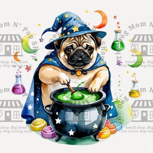 Mops czarodziej Halloween PNG, uroczy piesek, akwarelowy wzór zwierzaka, jesienna sztuka dyni, sublimacja DIY, małe firmy
