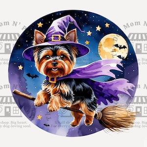 Diseño de sublimación de perro de Halloween con diseño de bruja voladora Yorkshire Terrier, clipart de mascota en acuarela, arte de escoba de otoño para bricolaje y pequeñas tiendas de sublimación.
