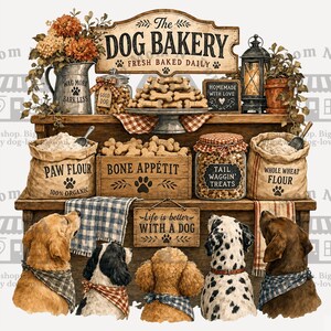 a dog bakery with a variety of dog treats and supplies, including bags of dog food, bone-shaped dog biscuits, and decorative items such as lanterns and flowers. The dogs are sitting in front of the bakery, appearing to be waiting for their treats or enjoying the atmosphere.