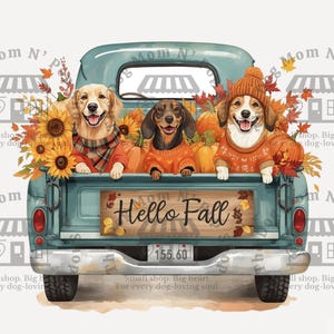 Hello Fall Dog Truck PNG, Jesienny projekt sublimacji dyni, Klipart z golden retrieverem i jamnikiem, Pobierz turkusową zabytkową ciężarówkę