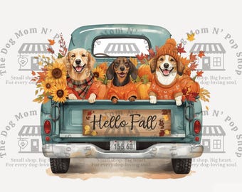 Hello Fall Dog Truck PNG, Jesienny projekt sublimacji dyni, Klipart z golden retrieverem i jamnikiem, Pobierz turkusową zabytkową ciężarówkę