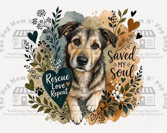 Powtarzanie obrazu "Rescue Love" w formacie PNG, projekt sublimacji "Ratuj psa", klipart "Ocaliłem moją duszę", grafika "Kwiatowy miłośnik adoptowanych psów", pobieranie cyfrowe