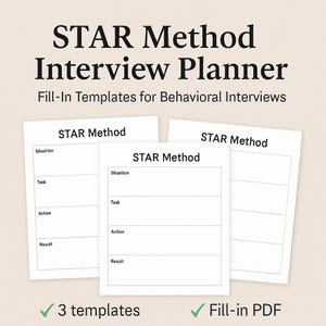 Könnte beinhalten: Drei weiße STAR Method Interview Planner Vorlagen mit Ausfüllbereichen für Situation, Aufgabe, Aktion und Ergebnis. Der Text "STAR Method Interview Planner" steht oben, mit "3 Vorlagen" und "Fill-in PDF" unten.
