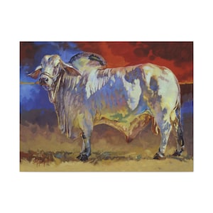 May include: An oil painting of a large bull with a white and light brown coat, standing on a sandy surface. The background features a gradient of red, blue, and orange hues, creating a dramatic sky.