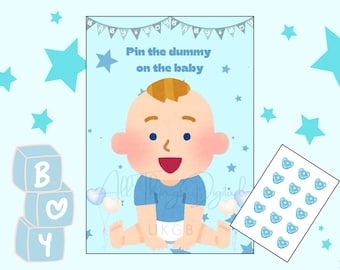 Pin the Dummy on the Baby Party Game. Blue boy baby  shower (Printable Digital Download)