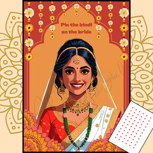 May include: A digital illustration of a bride in traditional Indian attire, with the text "Pin the bindi on the bride." The bride is wearing a red blouse, white sari, and gold jewelry. A sheet of red dot stickers is included.