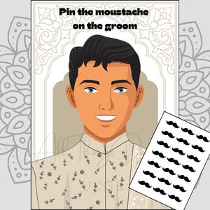 Desi Pin Moustache on Groom Party Game for Bridal Showers & hen do parties, Mehndi, Haldi, Dolki, Sangeet Indian Asian Weddings, Blind Fold