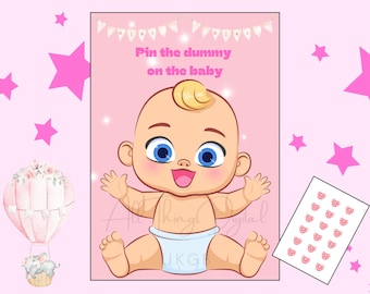 Pin the Dummy on the Baby Party Game. Pink girl baby shower (Printable Digital Download)
