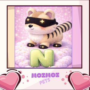 May include: A cartoon tiger wearing a black eye mask with gold star accents. The tiger is tan with black stripes and is standing on a cloud with a green letter "N". The image has the text "MOIMOI PETS" at the bottom.