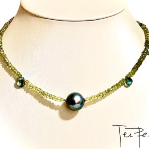 Natural green amethyst with solitaire peacock  pearl pendant necklace