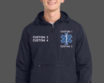 Sudadera ligera, resistente al viento y a la lluvia, con bordado personalizado para técnicos de emergencias médicas (EMT/EMS) - Estrella de la Vida