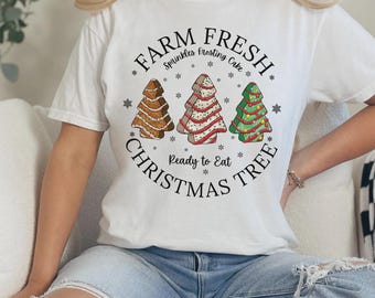 Camiseta con diseño de pastel de árbol de Navidad, colores cómodos, fresca de granja, pastel de árbol de Navidad, cuello redondo de árbol de Navidad, sudadera bonita, Navidad, estilo suave