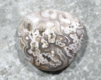 Beautiful Laguna Lace Agate Cabochon - White Gray High Dome Pendant Stone (33 x 30 x 8 mm)