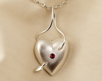 Diamond or Ruby Heart Cupid's Arrow Necklace with chain in Sterling Silver