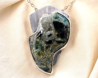 Plasma Agate with Druzy Crystals Pendant Necklace in Sterling Silver