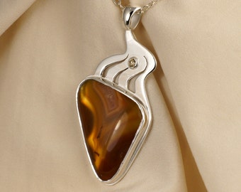 Laguna Agate Champagne Diamond Pendant Necklace in Sterling Silver