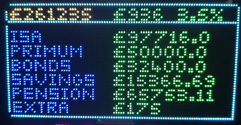 Może przedstawiać: Cyfrowy wyświetlacz pokazuje dane finansowe w zielonym i niebieskim tekście matrycy punktowej. Wyświetlacz pokazuje kategorie takie jak ISA, Bonds i Pension, z odpowiadającymi im wartościami pieniężnymi. G&oacute;rny wiersz wyświetla wartość &pound;261236.