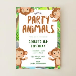 May include: A party invitation with a jungle theme. The invitation features the text "Calling All Party Animals" and "George's 3rd Birthday". The design includes cartoon monkeys and lush green foliage.