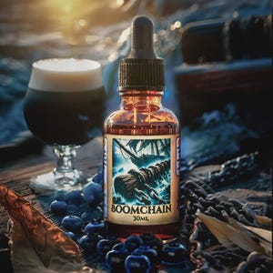 May include: A 30ml amber glass bottle with a black dropper, featuring a nautical label with the text "BOOMCHAIN." The bottle is surrounded by blueberries, a glass of dark beer, and nautical rope, creating a maritime theme.