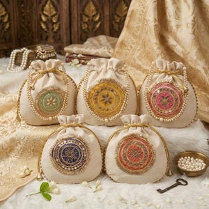 以下が含まれることがあります： 緑、黄、ピンク、青、オレンジの円形刺繍メダルがあしらわれた、オフホワイトの巾着袋5点。各袋にはゴールドの引き紐が付いており、中央のデザインの周囲は小さな白いフェイクパールで縁取られています。
