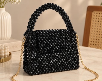 Black Handmade Beaded Bag With Detachable Sling