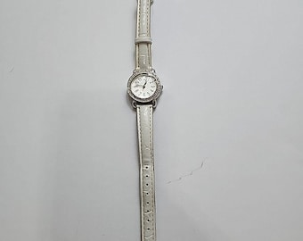 Womens Silver Tone White Band Rhinestone Bezel Quartz Watch