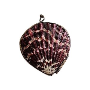 May include: A seashell-shaped, decorative purse with a silver-colored metal frame. The shell features a pattern of dark burgundy and white stripes. A small loop is attached at the top for hanging or carrying.