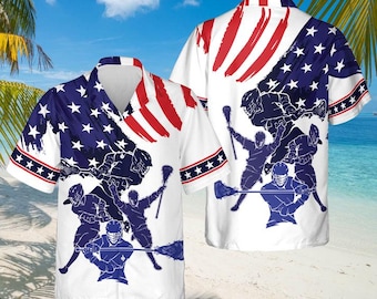 American Flag Lacrosse Hawaiian Shirt, Lacrosse Baseball Jersey - Polo shirt