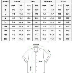 May include: A size chart for a short-sleeve Hawaiian shirt featuring a table with US sizes S through 5XL, listing length, bust, shoulder, and sleeve measurements in inches and centimeters, alongside a line drawing of a shirt with labels.
