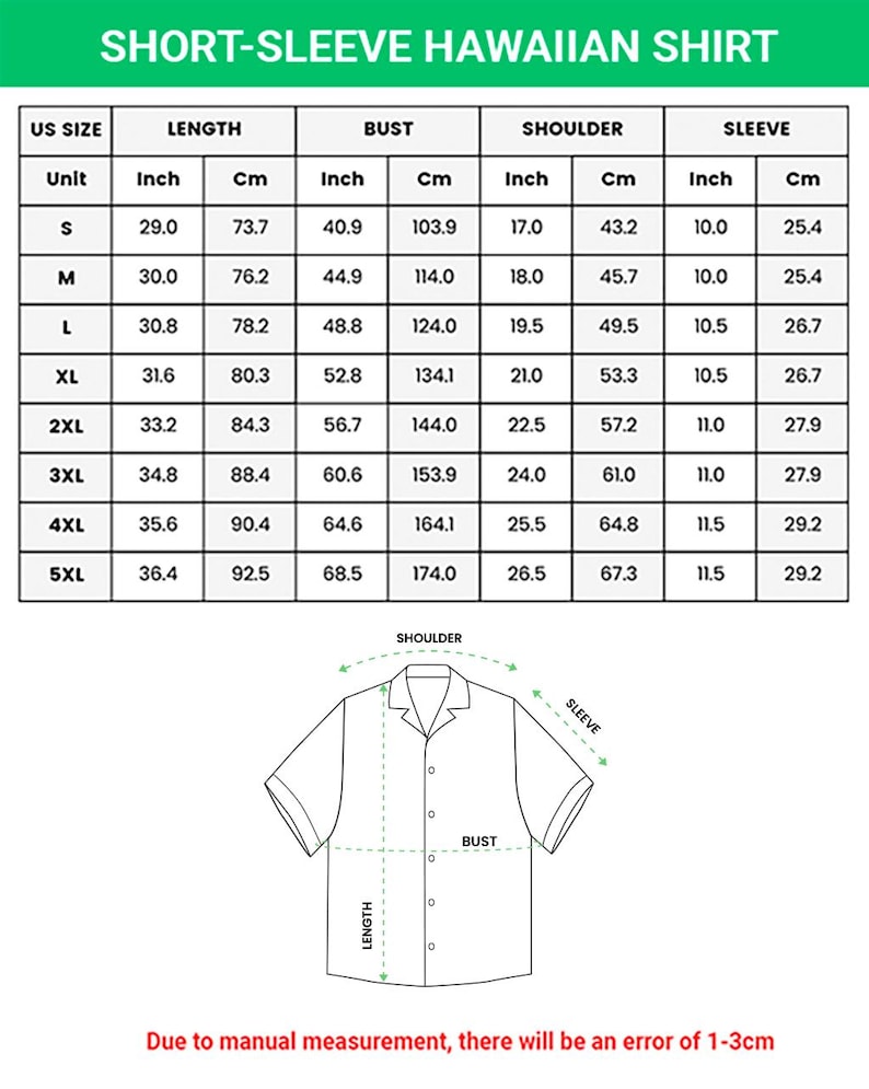 May include: A size chart for a short-sleeve Hawaiian shirt featuring a table with US sizes S through 5XL, listing length, bust, shoulder, and sleeve measurements in inches and centimeters, alongside a line drawing of a shirt with labels.