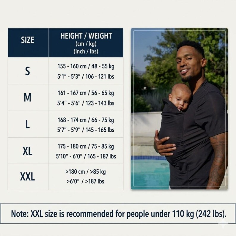 May include: A black baby carrier with a chart detailing sizes and height/weight measurements in cm and kg. The carrier is being modeled by a person holding a baby. The chart includes sizes S, M, L, XL, and XXL.