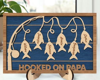 Hooked On Dad Grandpa - Personalized Wooden Plaque - Gift For Father, Grandpa, Father's Day
