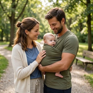 May include: A family of three in a park. The father holds a baby in a green wrap. The mother stands beside them, smiling. The baby looks at the camera. Trees and a path surround the family, creating a natural backdrop.