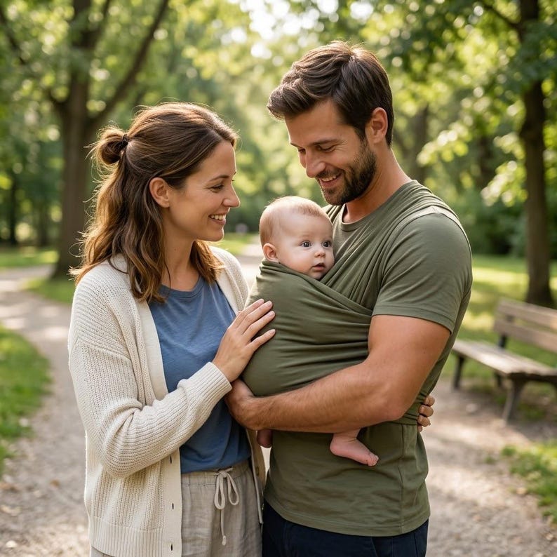 May include: A family of three in a park. The father holds a baby in a green wrap. The mother stands beside them, smiling. The baby looks at the camera. Trees and a path surround the family, creating a natural backdrop.