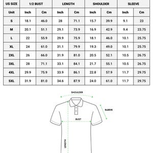 May include: A size chart for an all-over print polo shirt featuring a table with US sizes from S to 5XL, including measurements in inches and centimeters for 1/2 bust, length, shoulder, and sleeve. A line drawing of a polo shirt shows measurement points.