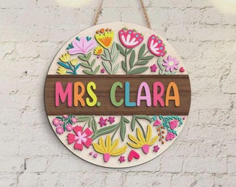 Custom 3D Teacher Door Hanger, Gift For Teacher, Floral Teacher Name Door Hanger, Classroom Decor, Back To School Gift, Teacher Welcome Sign