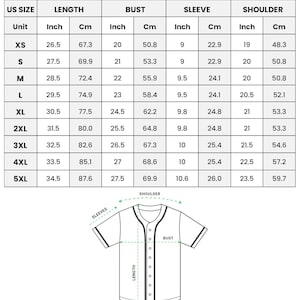 May include: A size chart for an all-over print unisex baseball jersey, featuring a table with US sizes from XS to 5XL and corresponding measurements in inches and centimeters for length, bust, sleeve, and shoulder, plus a diagram of the jersey.