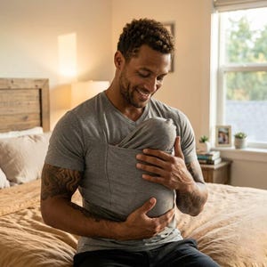 May include: A grey V-neck shirt with an integrated pouch for babywearing. The shirt is made of a soft material and is being worn by a person. The person is smiling and looking down at the pouch.