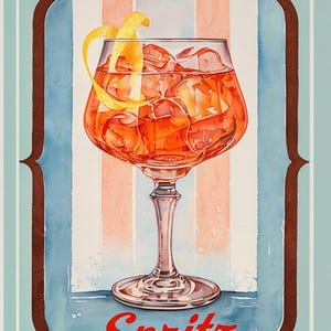 Peut inclure: Illustration à l'aquarelle d'un cocktail Spritz dans un verre à pied, rempli de glace et garni d'un zeste d'orange. Le mot "Spritz" est écrit en rouge sur un fond à rayures.