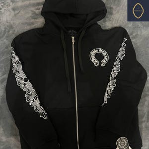 Black Streetwear Zip-Up Hoodie with White Gothic Floral Design | Men's & Women's Urban Fashion Hoodie
