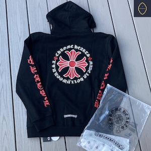 Streetwear Black Hoodie For Unisex Zip Up Hoodie with Red Cross