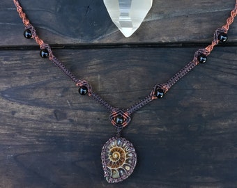 Ammonite Fossil Necklace in Brown and Bronze Micro Macrame, metal free