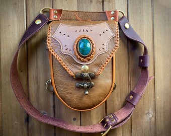 Leather Utility Belt, Elegant Leather Hip Bag Pouch with Chrysocolla, Handcrafted Braided Double Compartment ,USA leather. Gem stone pouch.