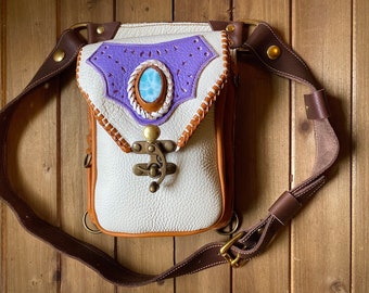 Leather Utility Belt, Leather Hip Bag Pouch with Larimar stone, Handcrafted Braided Double Compartment, Brass hardware. Made in the USA.