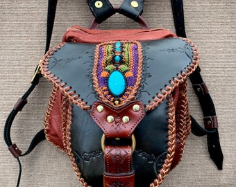 Leather Purse With stones,   Convertible to Backpack, Shoulder Bag, Cross Body bag, purse with minerals, handcrafted purse, exclusive bag.