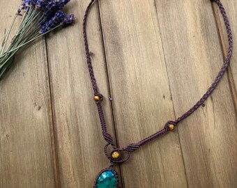 Chrysocolla Necklace in Dark Brown Micro-Macrame Handcrafted Weave Knot with Tiger Eye Quartz Beads, Sacred Geometry Design. Metal free.