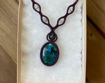Chrysocolla  necklace, Macrame necklace , metal free, stone and macrame pendant, choker macrame necklace with stones.